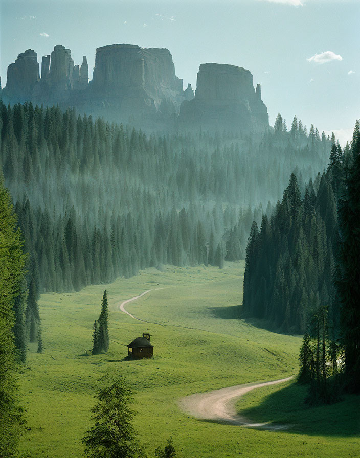 Tranquil forest scene: winding path to cabin under misty rock formations