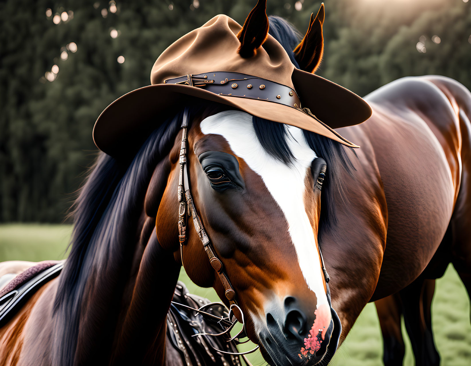 Brown and White Horse with Cowboy Hat and Bridle in Field with Bokeh Lights