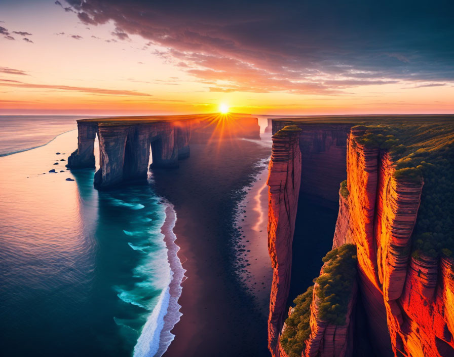 Majestic coastline sunset with towering cliffs and vibrant sky