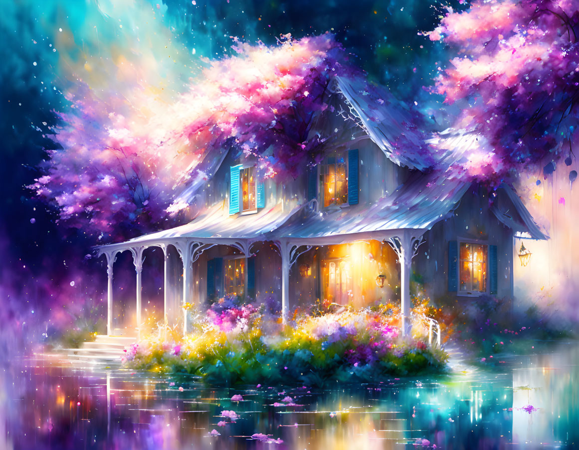 Charming cottage in colorful garden under twilight sky