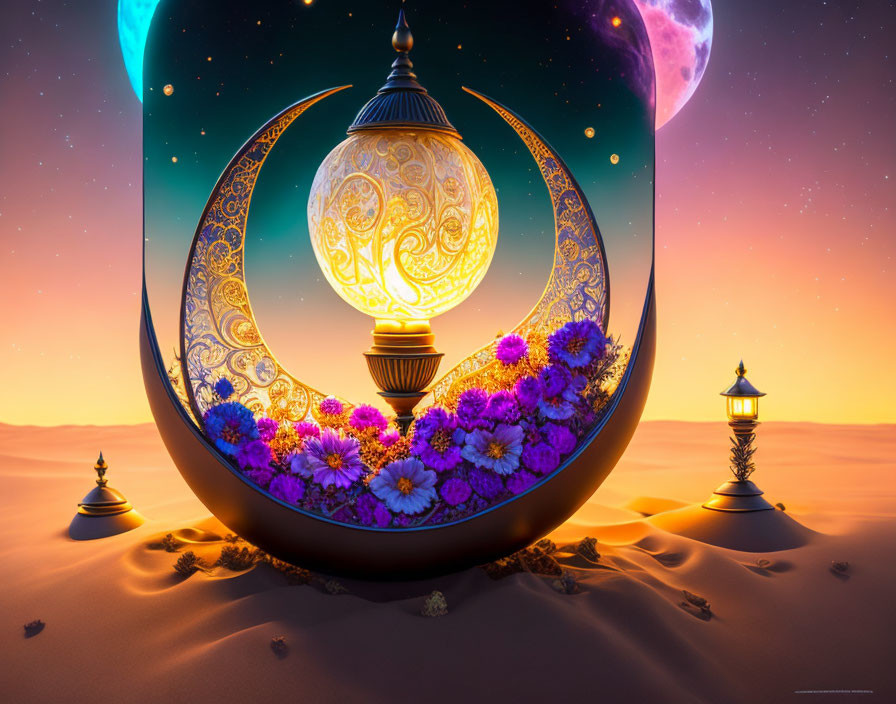 Fantastical desert scene with glowing lantern on crescent moon structure.