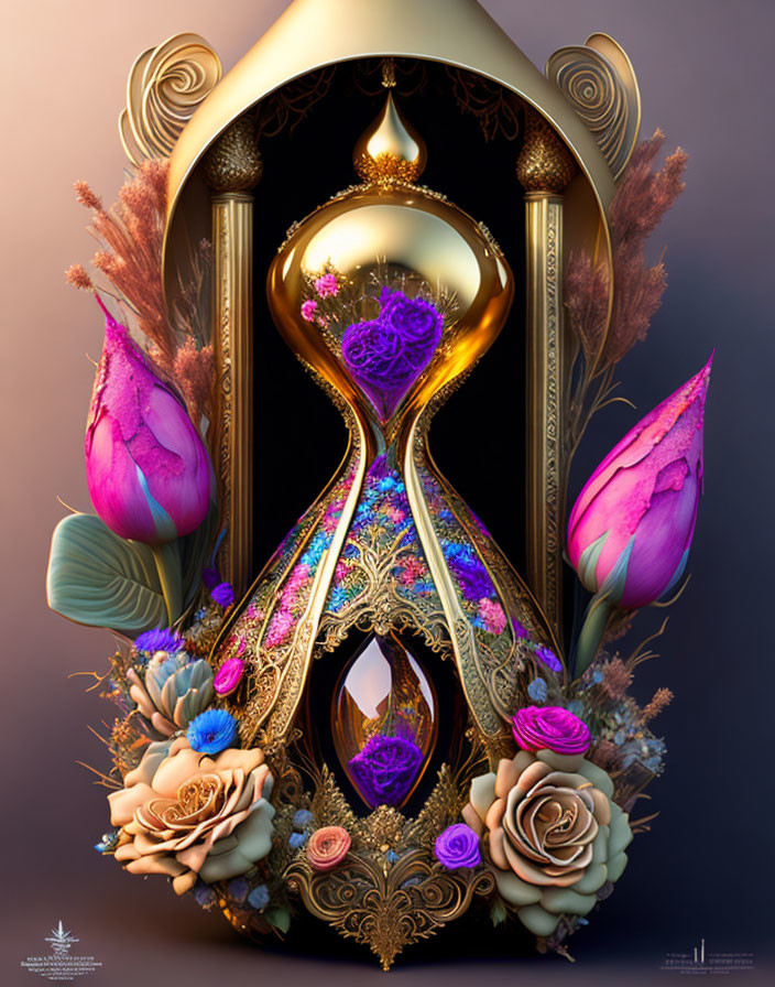 Vivid surreal digital artwork: ornate hourglass, flowers, organic and geometric blend