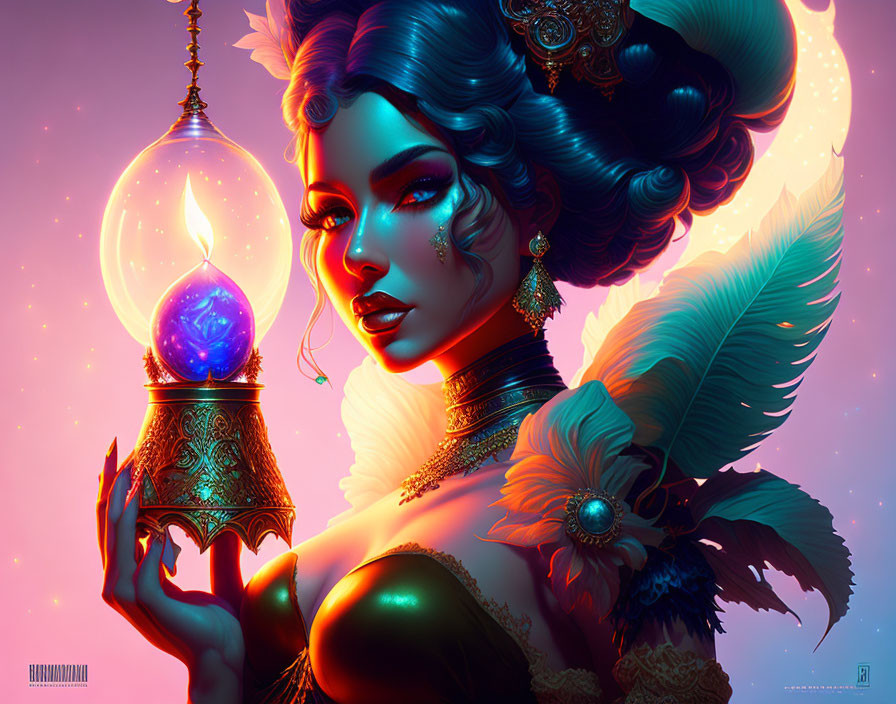 Fantasy portrait of woman with blue hair holding mystical lantern.