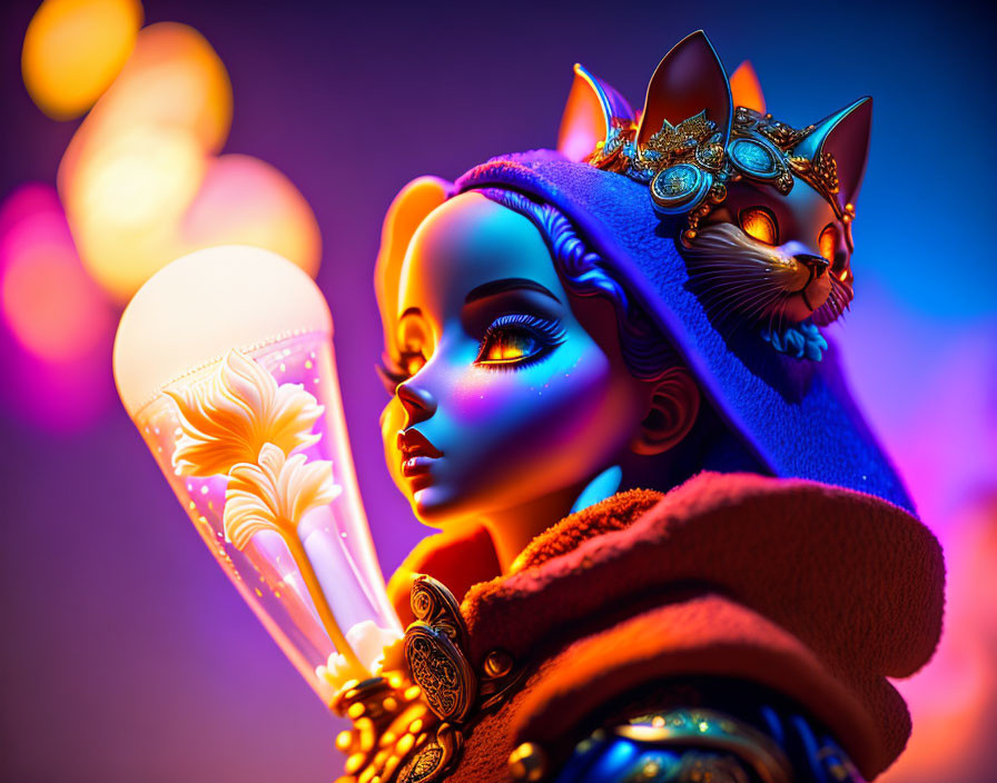 Colorful 3D illustration of regal woman with blue skin, cat mask, and glowing staff