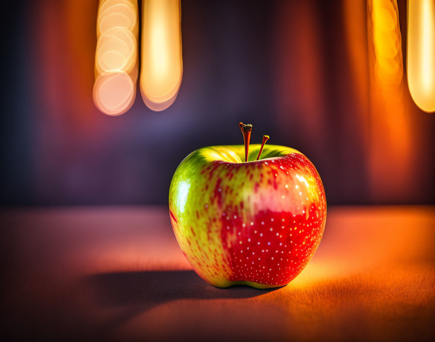 Fresh red and green apple on moody bokeh background