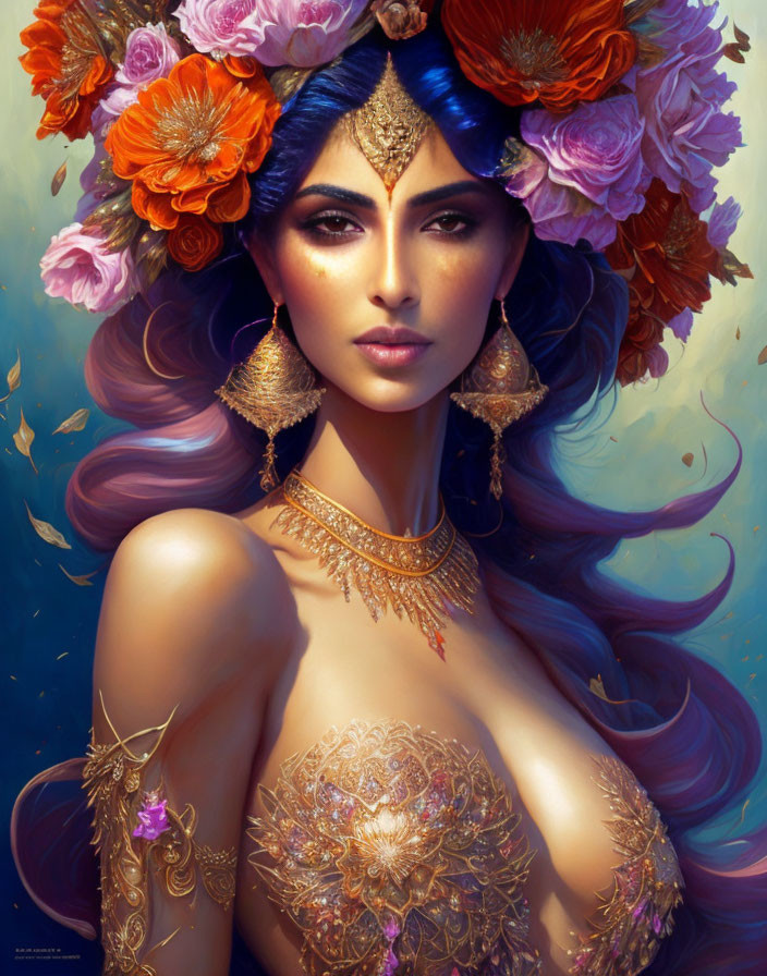 Detailed Digital Art Portrait of Woman with Vibrant Flowers and Golden Jewelry