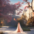 Ethereal artwork: Woman merging with blooming tree in magical forest