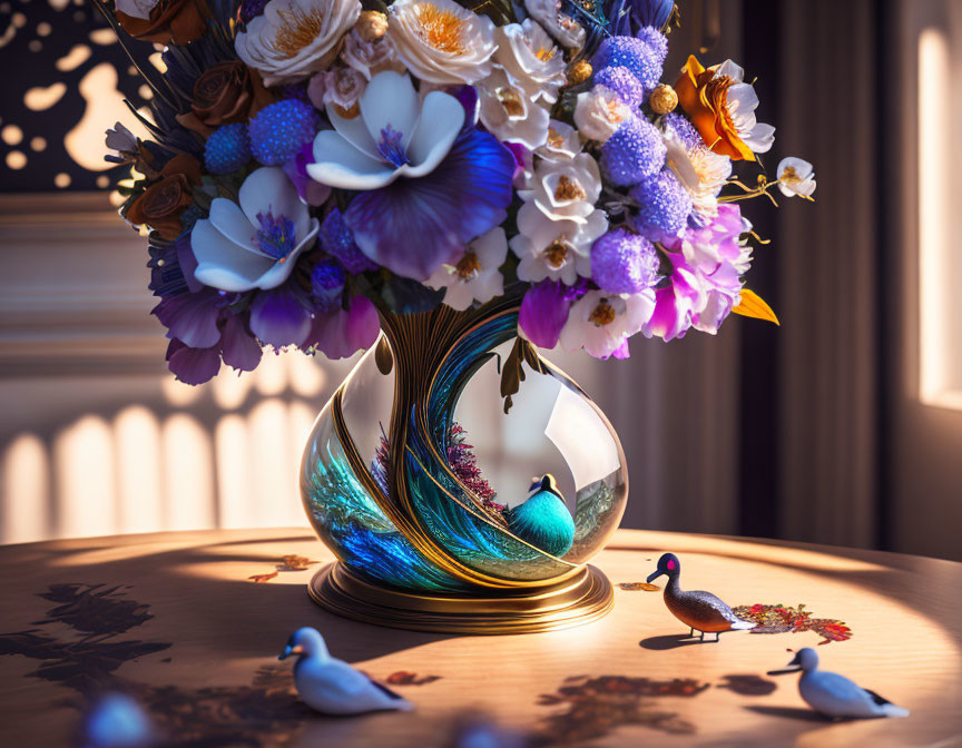 Purple and White Flower Bouquet in Decorative Vase on Wooden Table