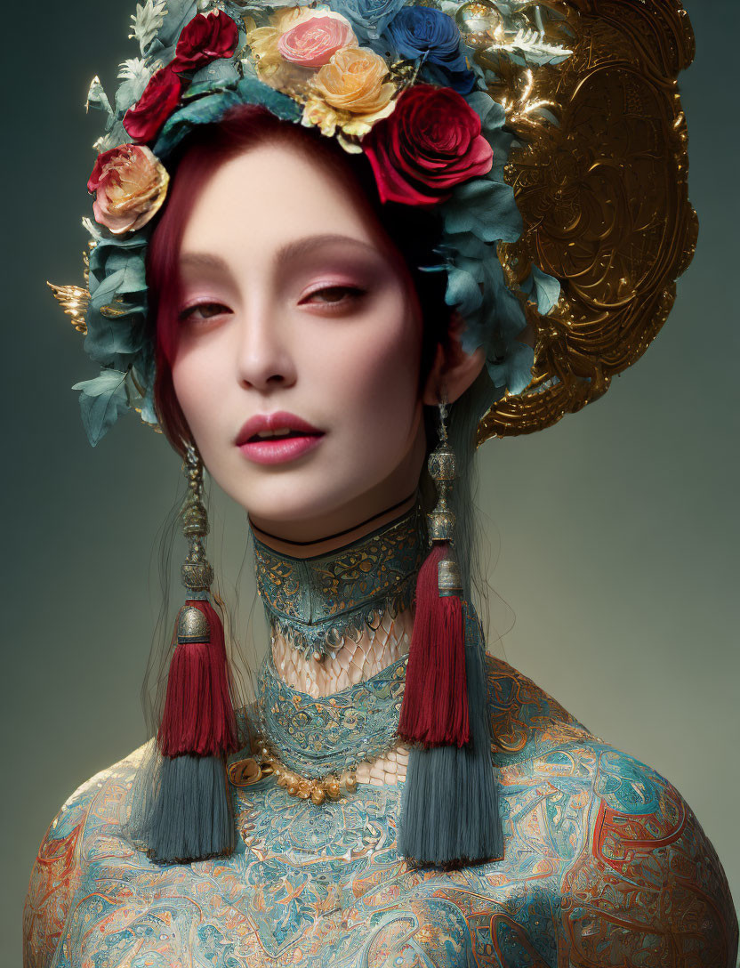 Person with Floral Crown, Gold Headdress, Heavy Makeup, Earrings, Ornate Garment