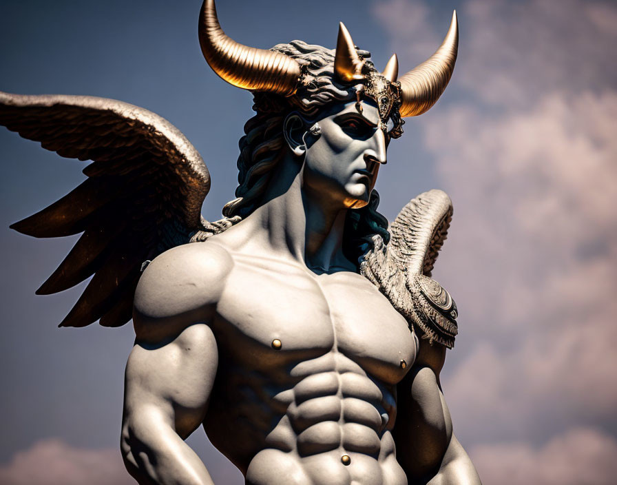 Muscular, Winged Figure with Horns and Armor Sculpture under Cloudy Sky