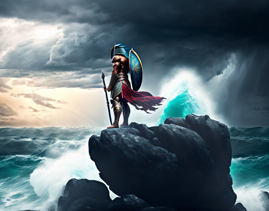 Spartan warrior on rocky terrain with shield and spear amid stormy sea