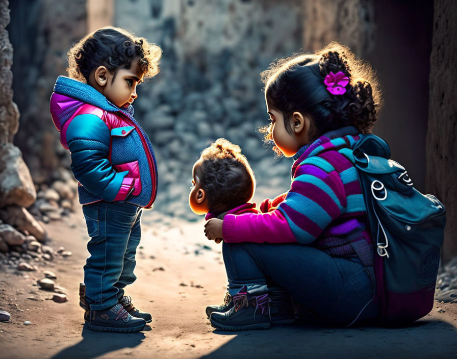 Three children in vibrant clothing in alleyway with sunlight