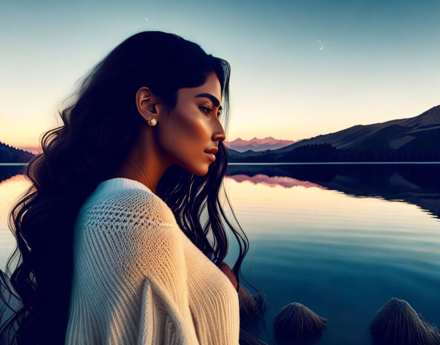 Woman with Long Hair in White Top by Tranquil Lake and Sunset Sky