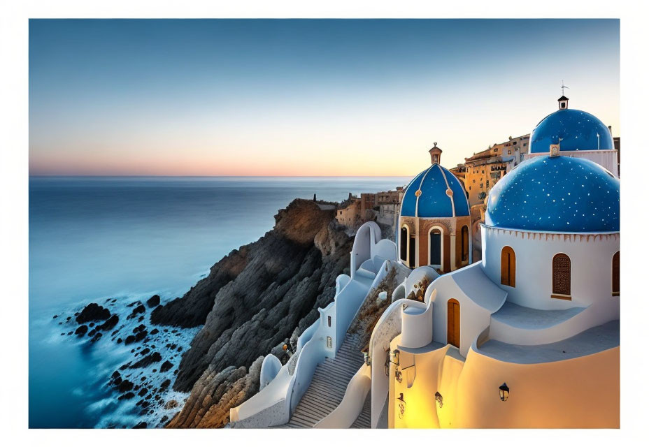 White Buildings with Blue Domes Overlooking Calm Sea at Sunset