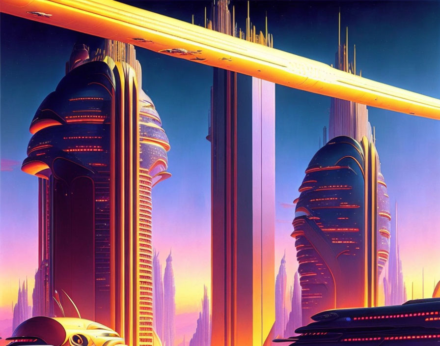 Futuristic sci-fi cityscape with towering buildings and yellow bridges at dusk