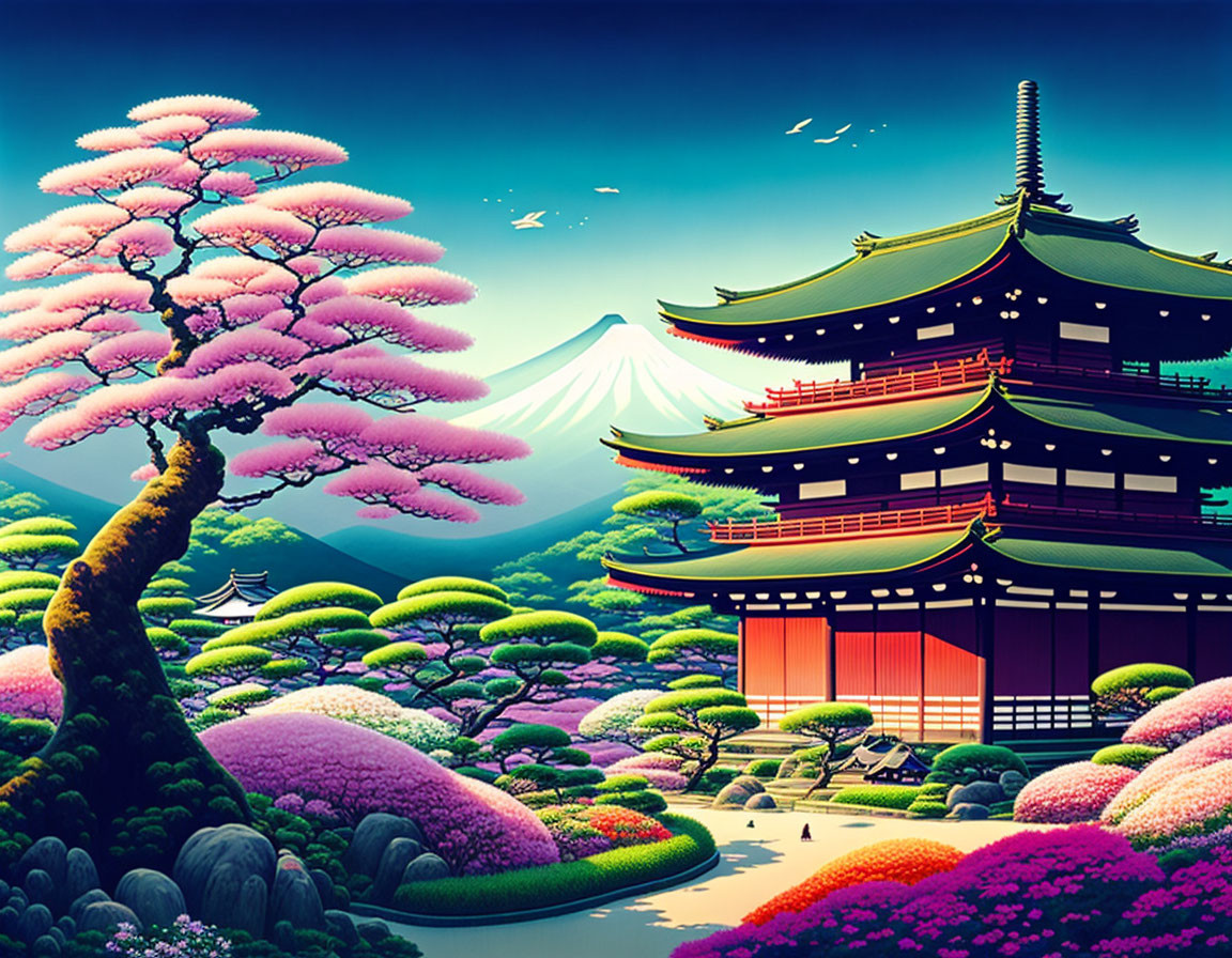 Traditional Japanese pagoda with cherry blossoms and Mount Fuji.