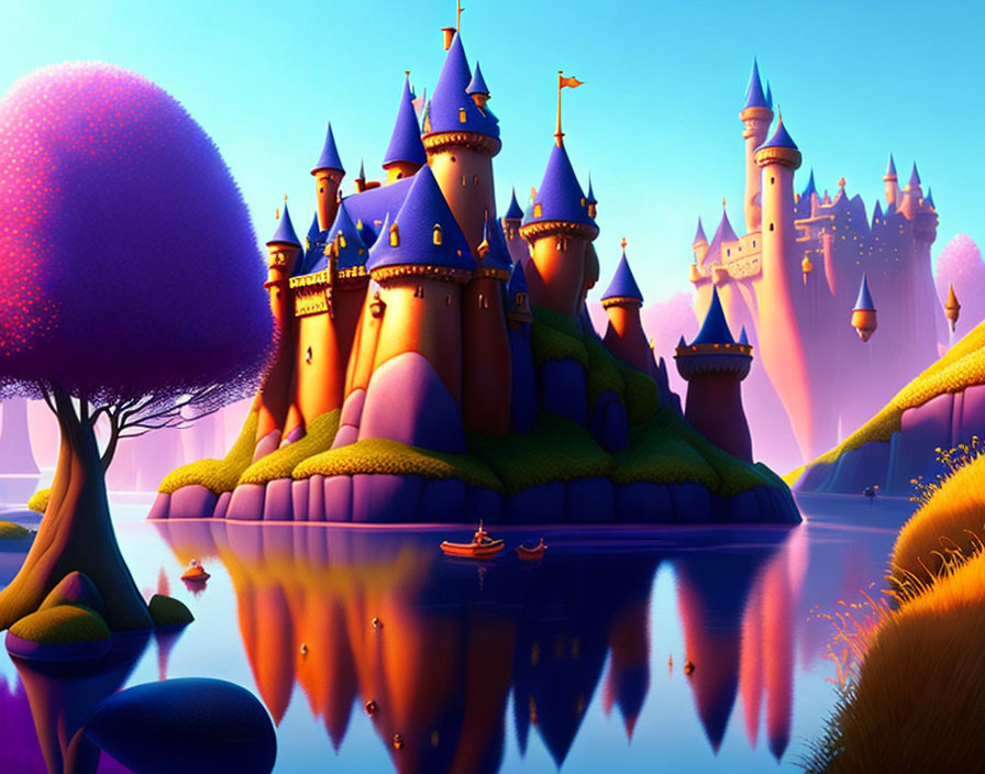 Majestic cartoon-style castle in vibrant fantasy landscape