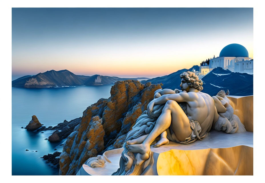 Reclining figure statue by serene seascape with cliffs and blue dome building at sunset