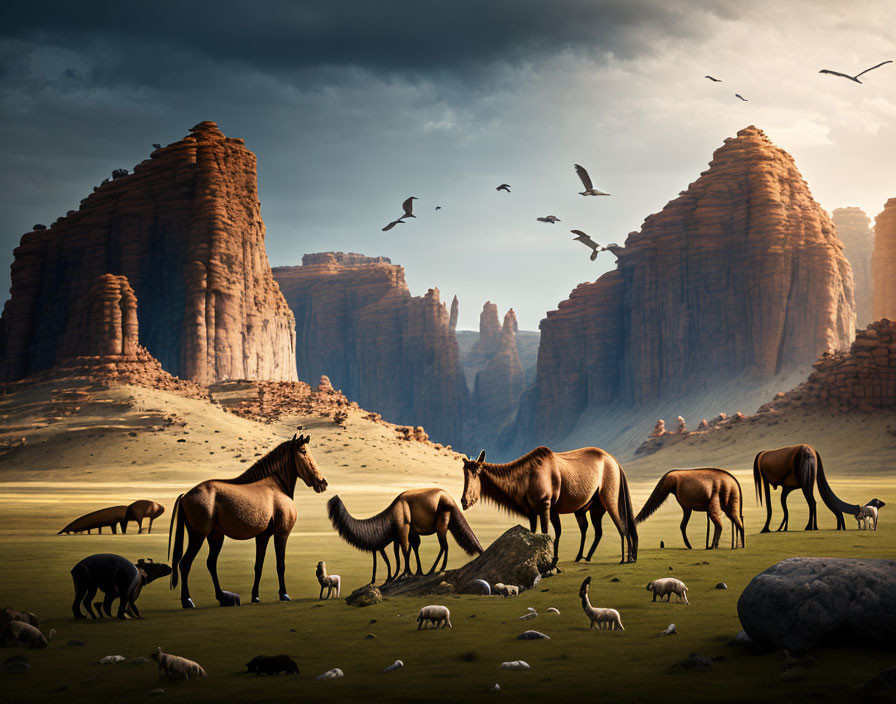 Horses and sheep grazing among desert mesas under dramatic sky