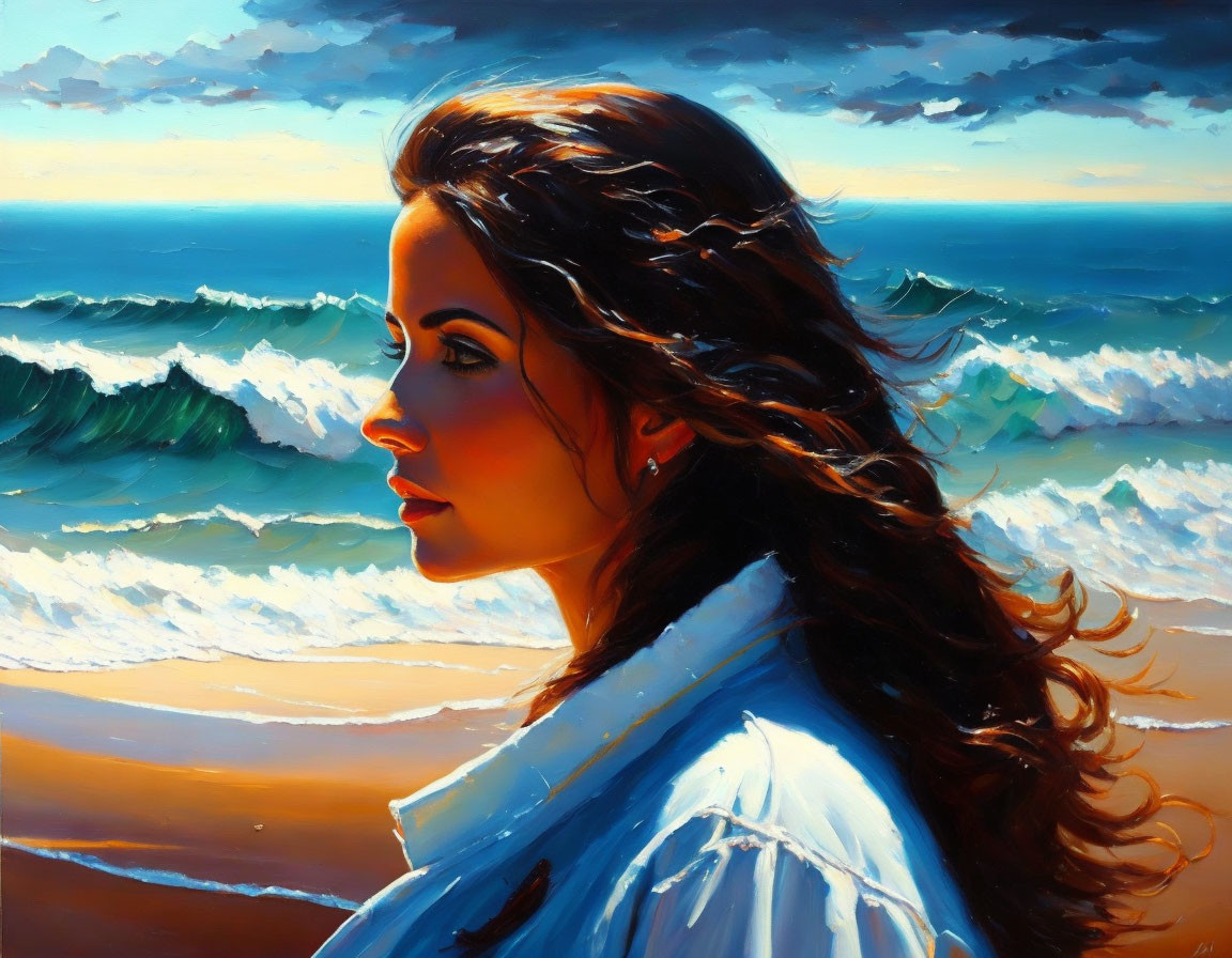 Woman on sunny beach with waves, gazing into distance