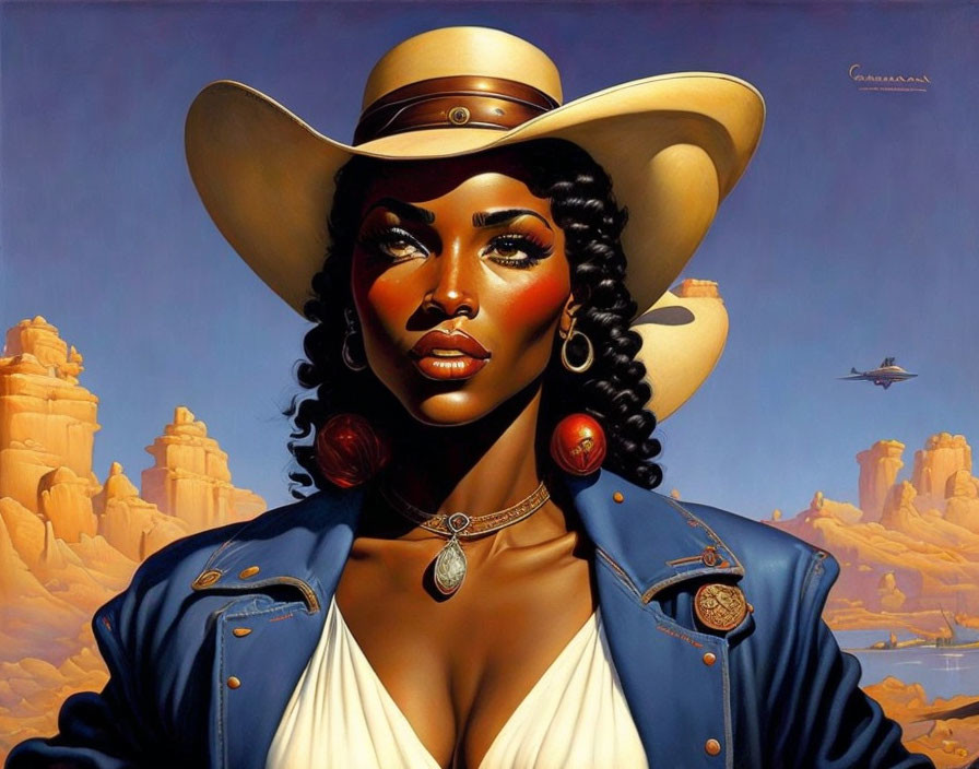 Stylized portrait of a woman in cowboy hat and denim in desert scenery