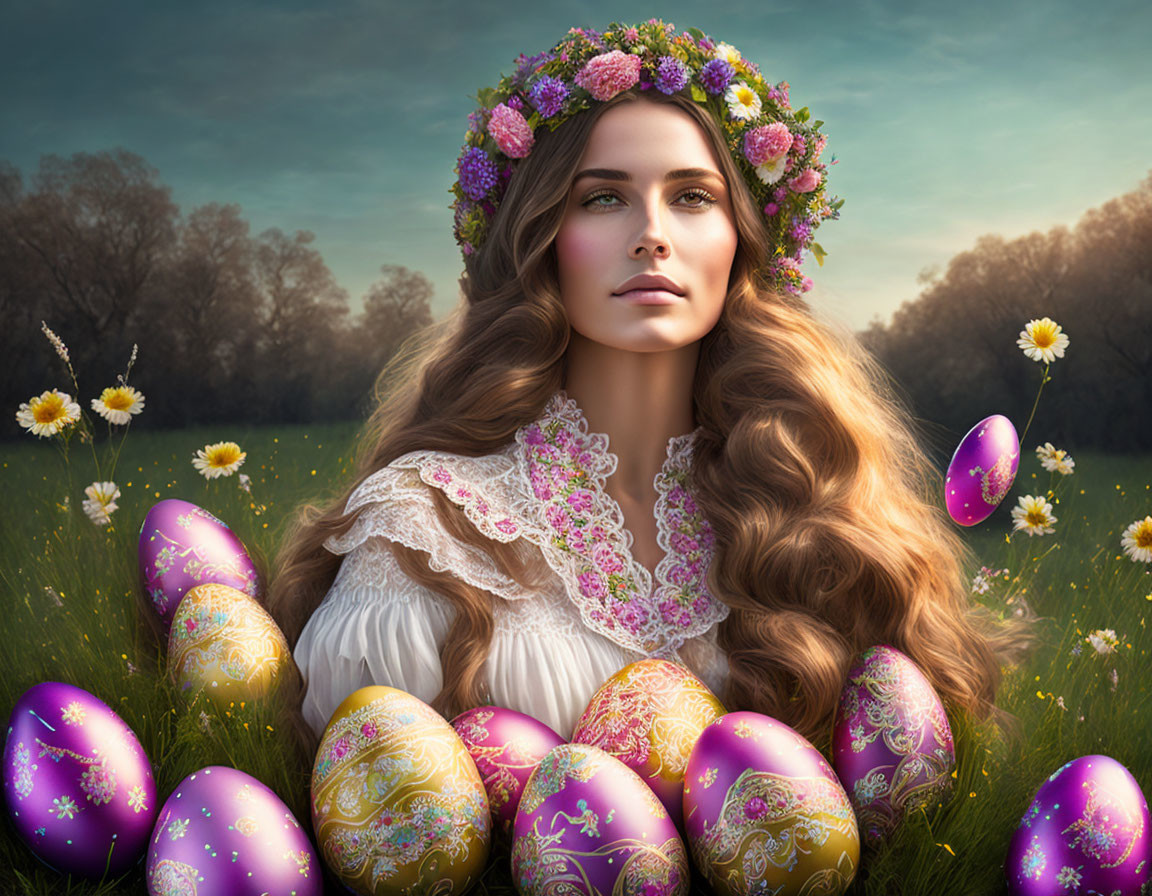 Woman with floral wreath surrounded by Easter eggs in meadow