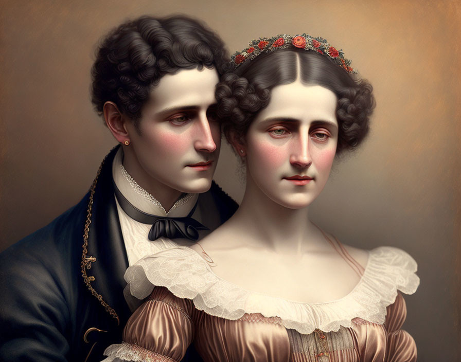 Victorian-era couple portrait in formal attire with floral headpiece