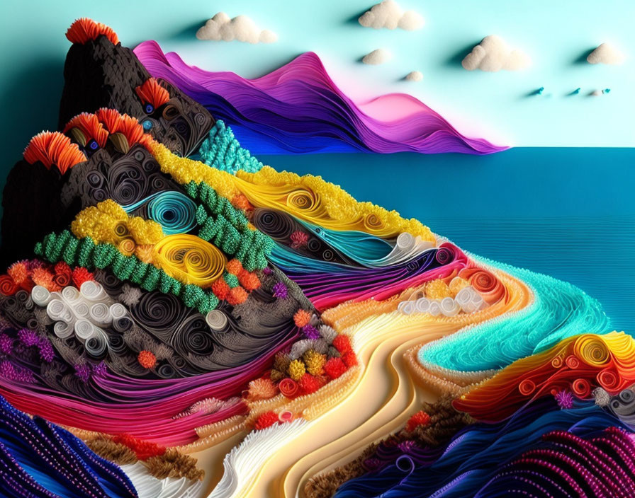 Colorful swirling patterns in surreal landscape with black mountain under teal sky