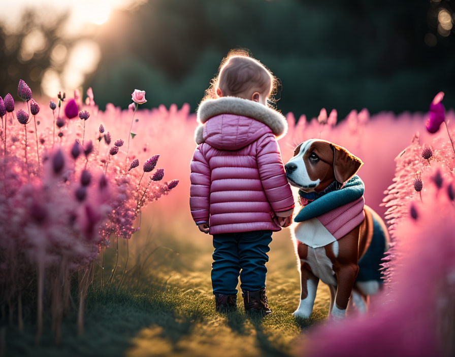 Toddler in Pink Jacket with Beagle Dog in Field of Pink Flowers