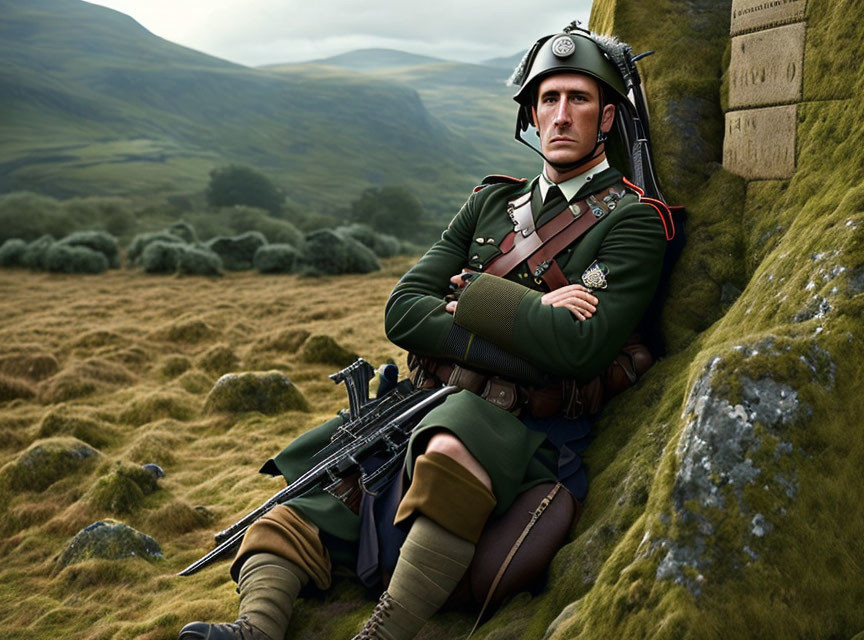 Traditional Highland Soldier Resting Against Stone Wall in Tartan Uniform