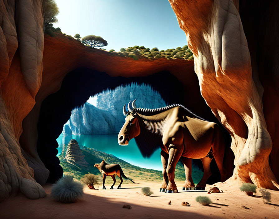 Surreal landscape with cave, turquoise lake, and antelope-like creatures