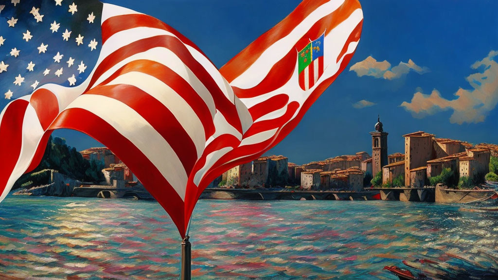 American and Italian flags over coastal town with ancient buildings