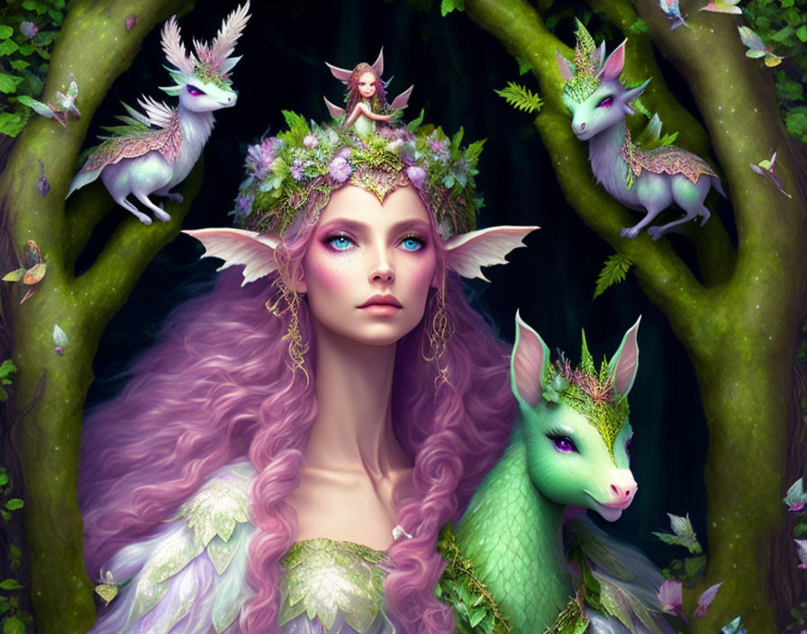 Fantasy Art: Woman with Violet Hair, Crown of Foliage, Mythical Deer-like Creatures