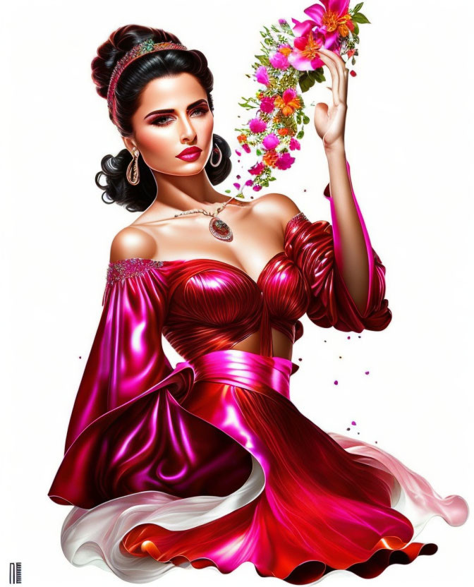 Detailed Illustration of Woman in Elegant Red Dress with Dark Hair, Flowers, Makeup, and Jewelry