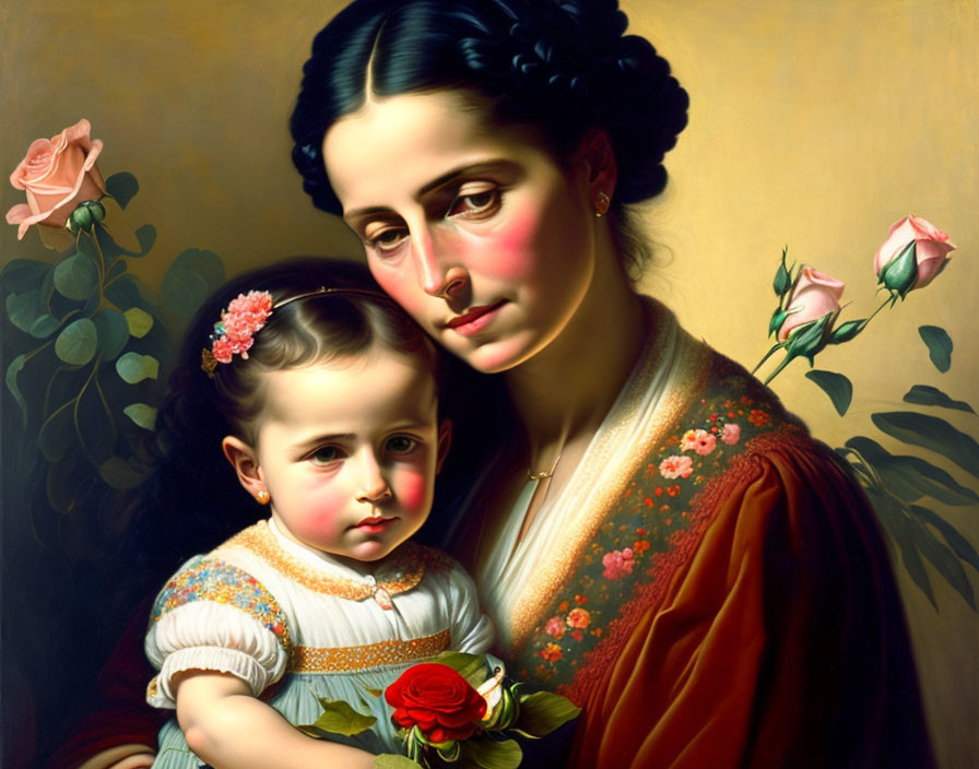 Classic Mother and Child Painting in Red and Gold Attire with Roses