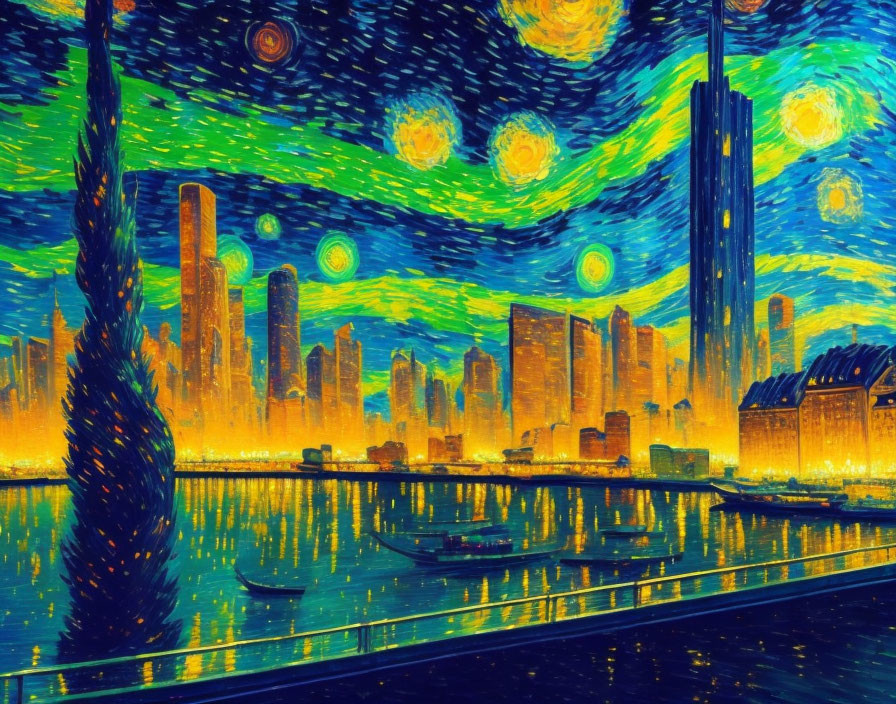 Colorful cityscape: Van Gogh-inspired night scene with starry skies, illuminated buildings, and