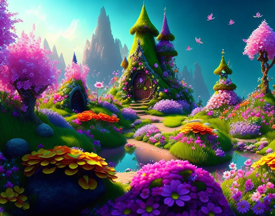 Colorful Fantasy Landscape with Whimsical Vegetation and Fairy-Tale Houses