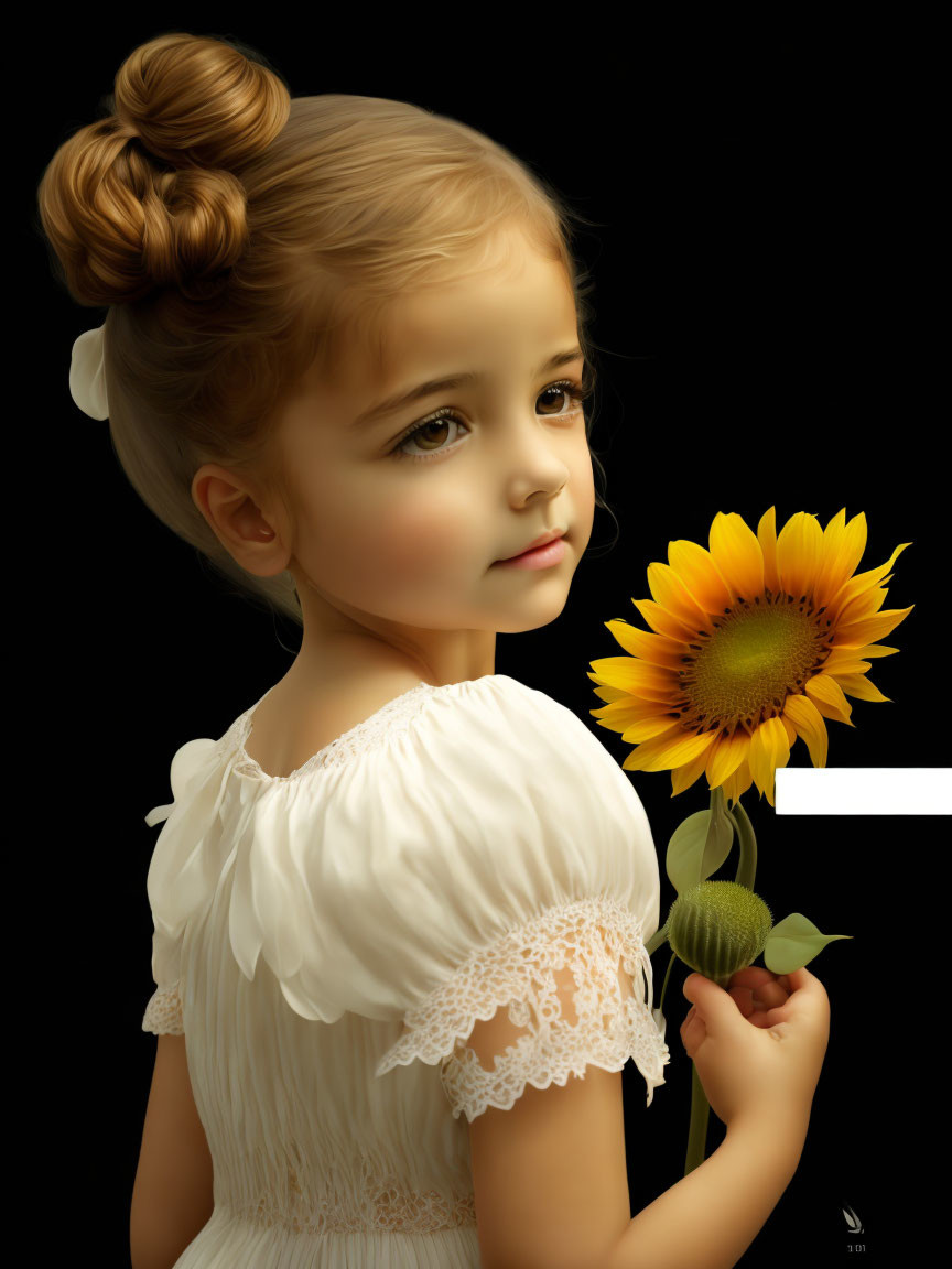 Young girl with hair bun holding sunflower in white lace dress on dark background