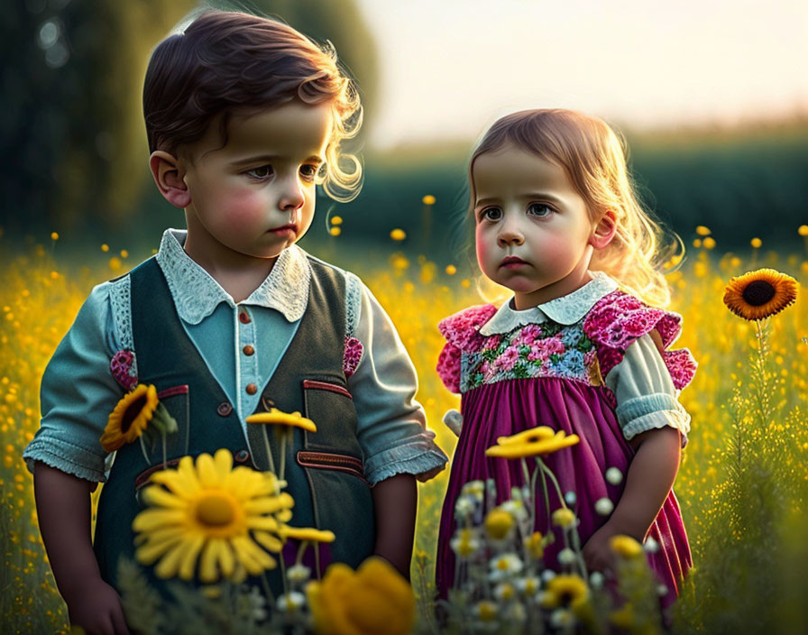 Young children in yellow flower field at golden hour, girl pensive, boy gazing.