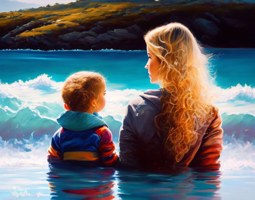 Seaside painting of woman and child under golden sunlight