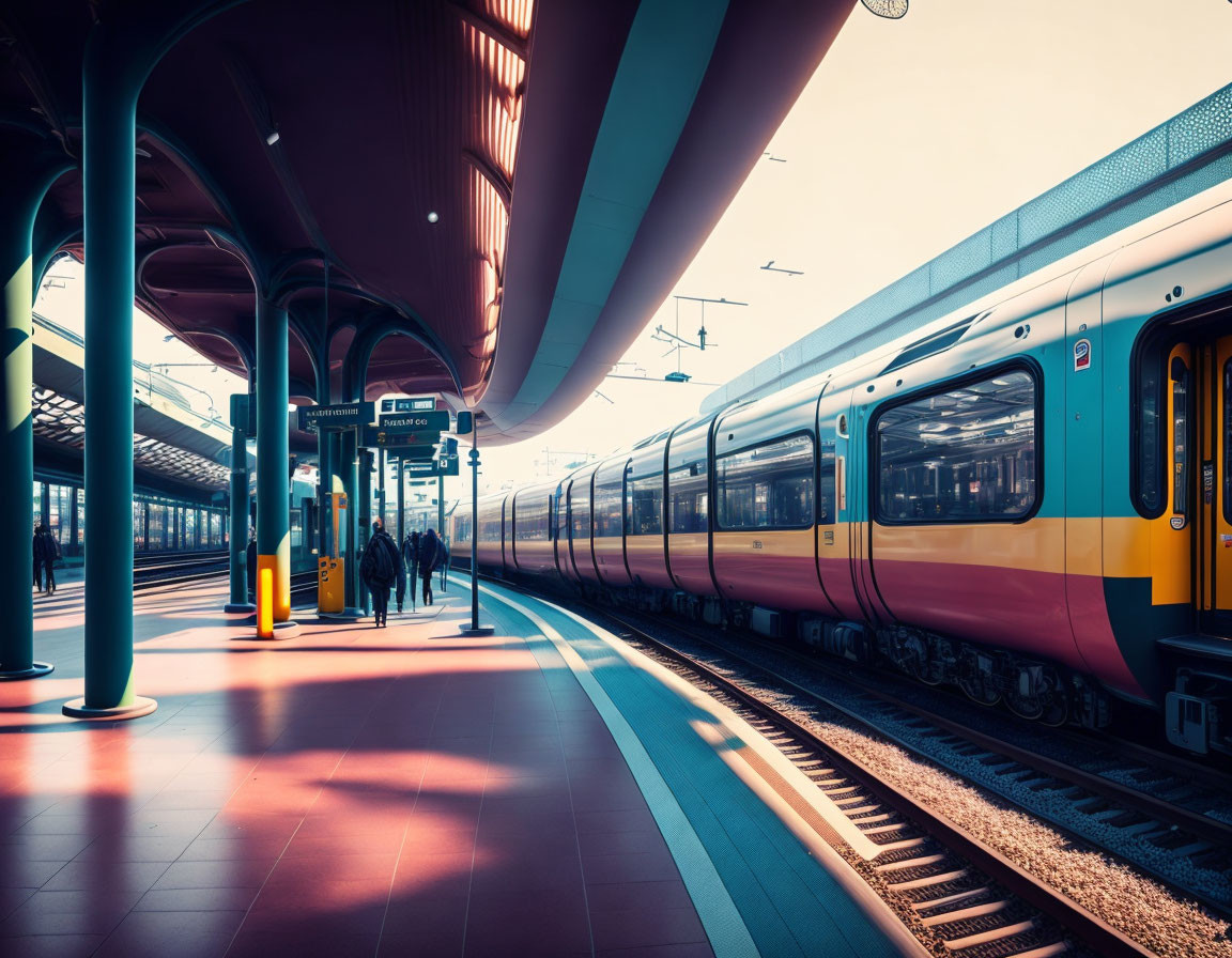 Modern Train Station with Purple and Teal Color Scheme and Train on Platform