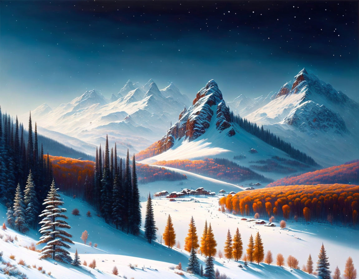 Snow-capped mountains, starry sky, autumn trees in idyllic winter landscape