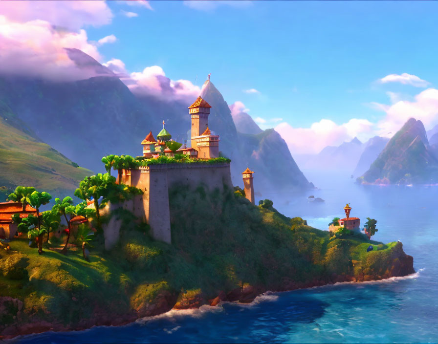 Vibrant castle on cliff in animated coastal landscape