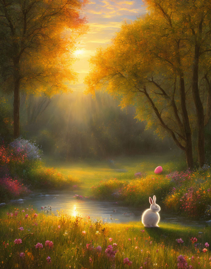 Tranquil sunrise landscape with white rabbit by stream