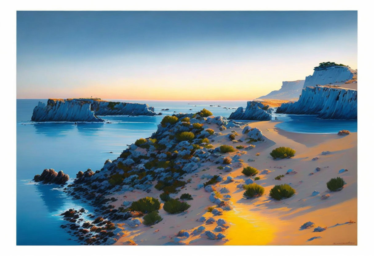 Tranquil beach landscape with golden sand, green shrubs, blue waters, and white cliffs under