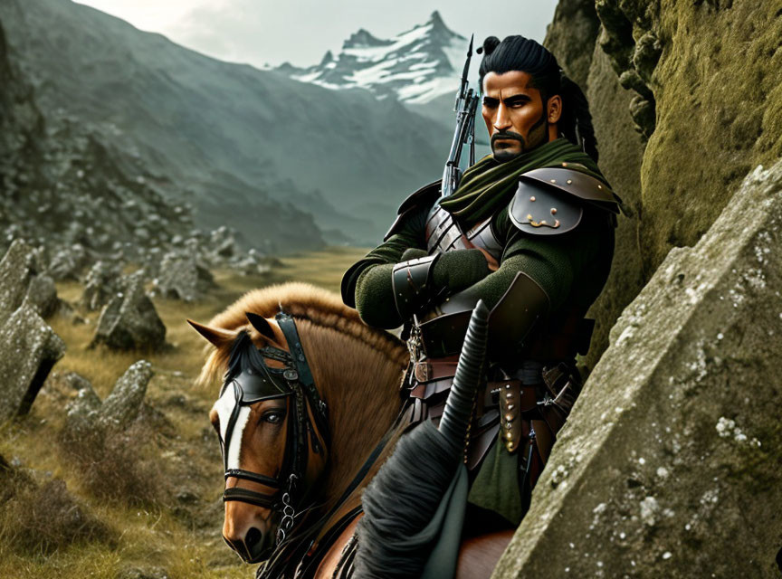 Digital artwork of stern-faced bearded warrior on horse in mountain landscape