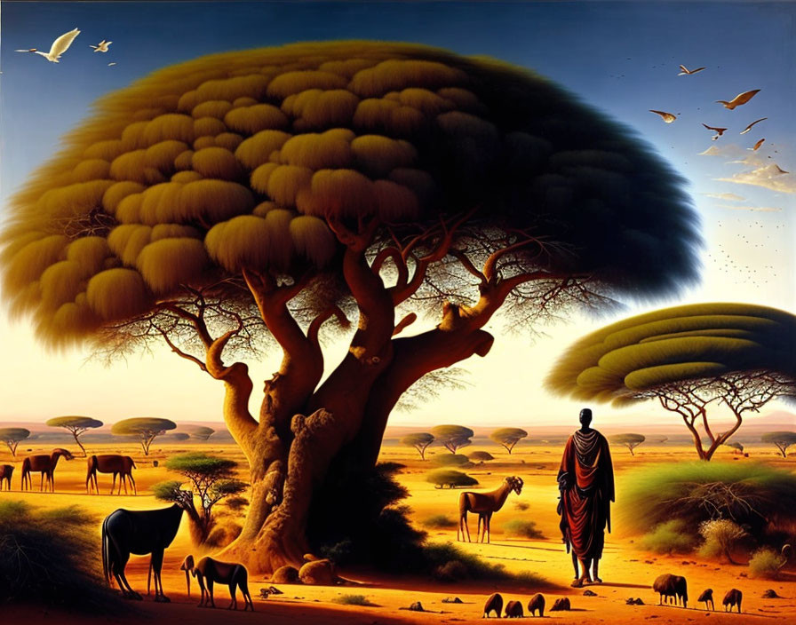 Surreal savannah scene with oversized trees, person in traditional dress, wildlife, dramatic sky