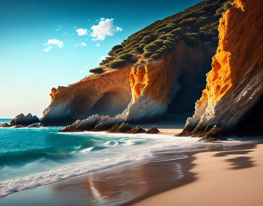 Golden cliffs and green vegetation above serene beach and gentle waves under blue sky.