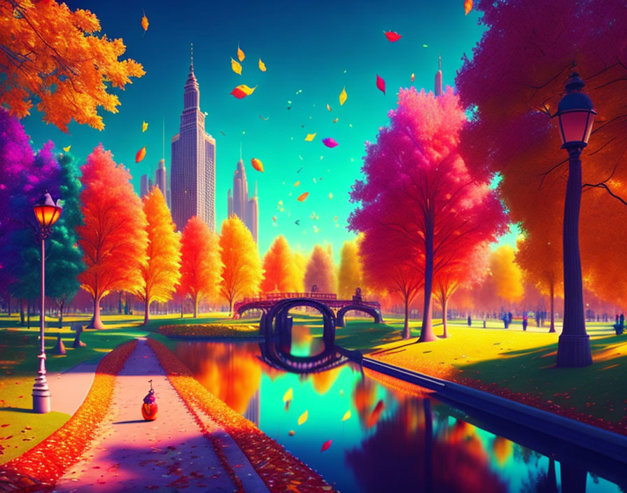 Scenic autumn park with river, bridge, and city skyline