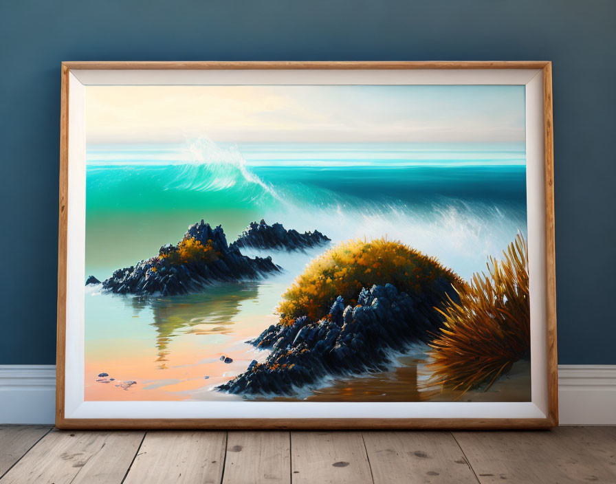 Seascape painting with waves, rocks, foliage on light wooden floor and dark blue wall